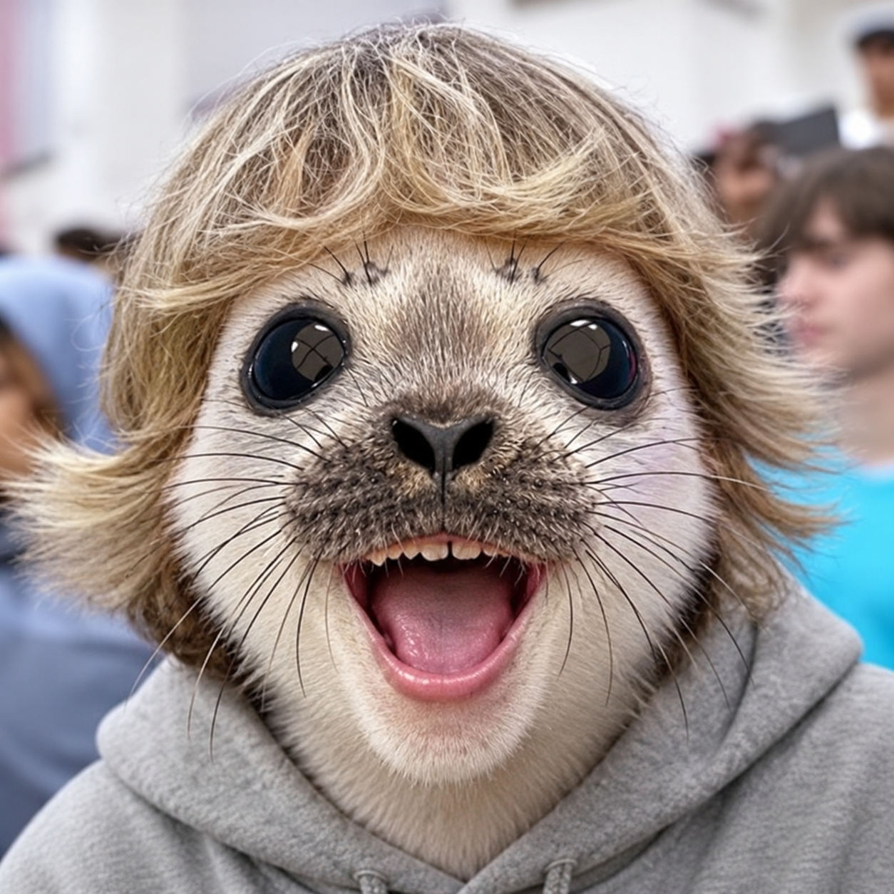 A cheerful seal with shaggy blond hair, huge eyes, and a gray hoodie